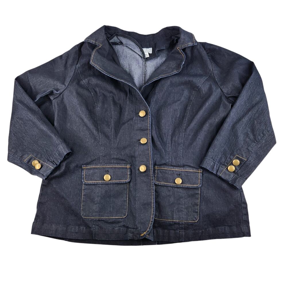 Joan Rivers Jacket Womens 18W XL Navy Blue Gold Denim Coat Collared Cinched